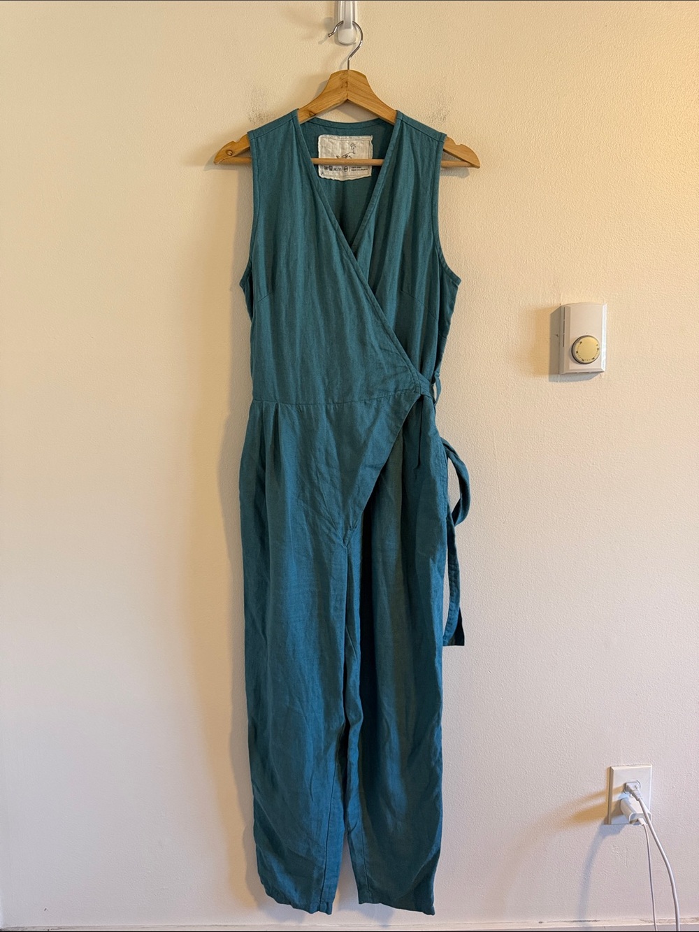 NotPerfectLinen Margaret Sleeveless Wrap Jumpsuit Women's S/M Linen Teal Blue